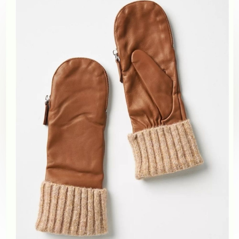Anthropologie Ribbed Cuff Leather Mittens - with Zipper Detail in Brown